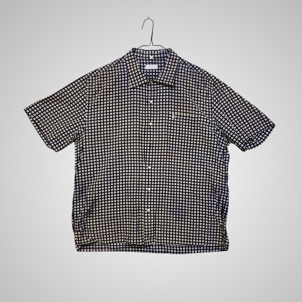 Amir Italy Mens XL Button Down Shirt Navy Blue Geometric Cotton Short Sleeve